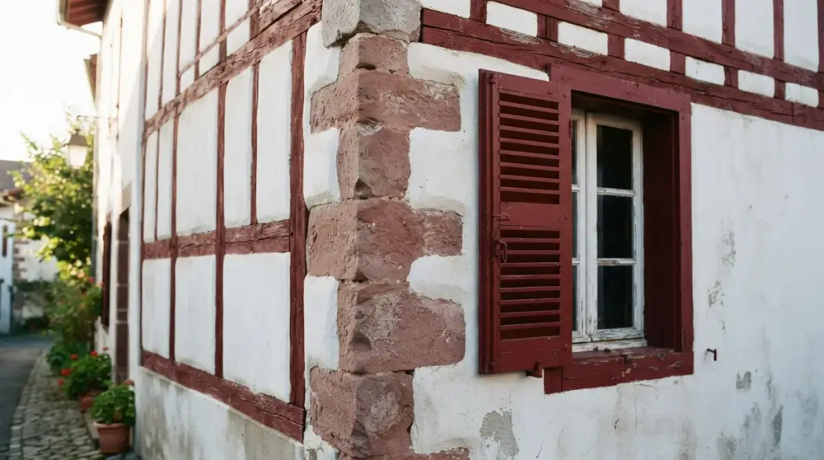 Angle d'une maison basque : colombages rouges, chaux blanche et grès rose