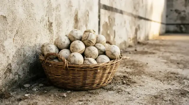 Pelotes de cuir usées dans un panier d'osier au pied d'un fronton