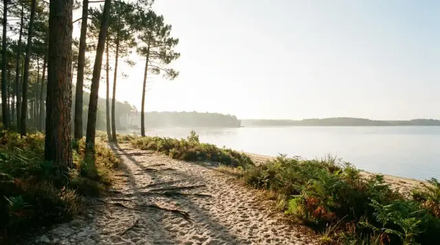 Sentier de sable et pins maritimes au bord de l'étang, brume du matin sur l'eau