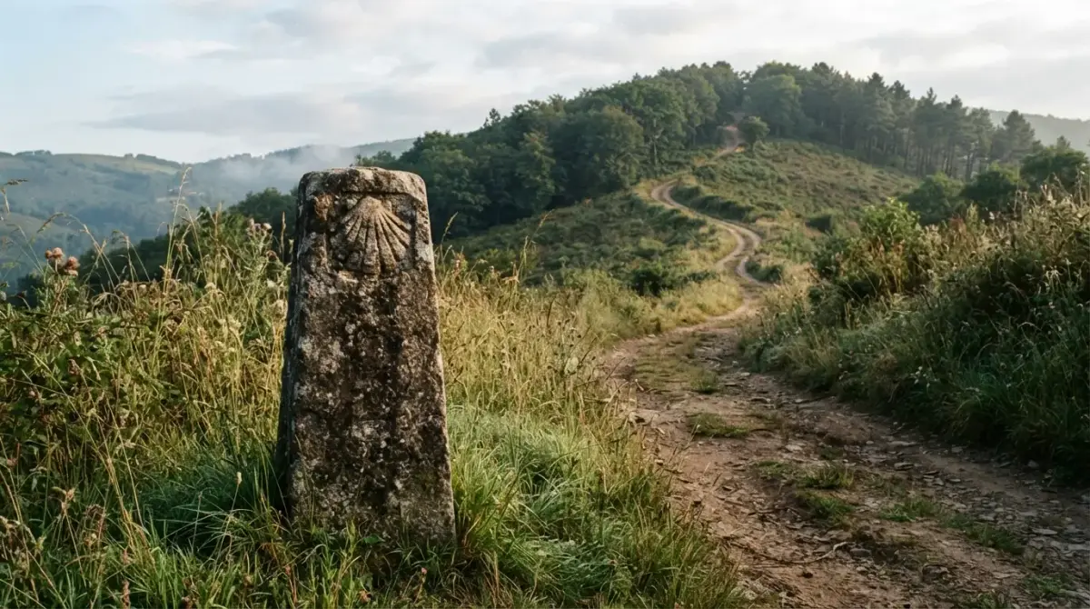 Borne à coquille sculptée au bord d'un chemin de Saint-Jacques