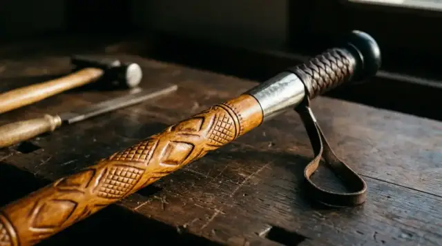 Haut d'un makhila en néflier à motifs en relief, virole de maillechort et poignée de cuir tressé