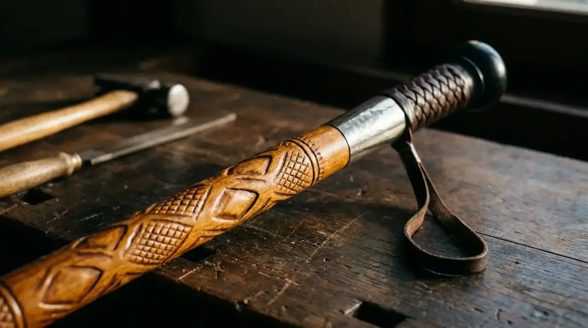 Haut d'un makhila en néflier à motifs en relief, virole de maillechort et poignée de cuir tressé