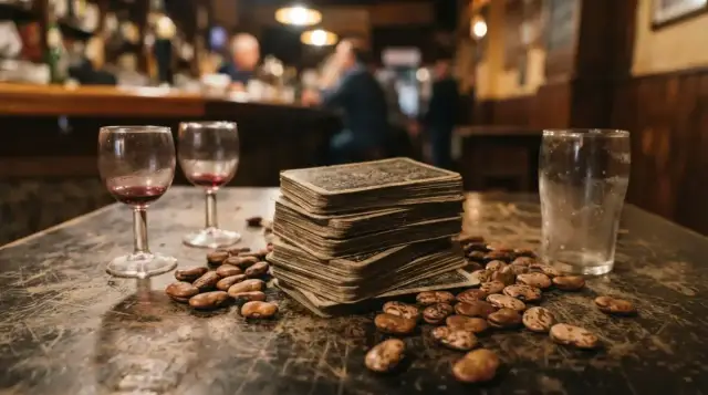 Cartes espagnoles et haricots secs sur une table de bar, pour une partie de mus