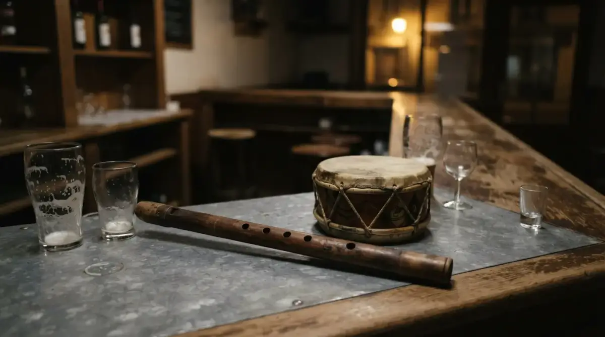 Txistu et tambourin posés sur le zinc d'un comptoir de bar basque