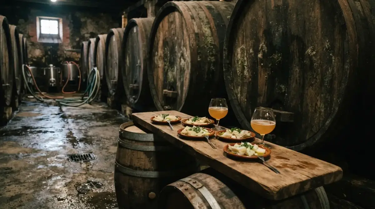 Foudres de chêne et planche de dégustation dans une cidrerie basque