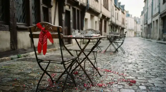 Foulard rouge sur une chaise de terrasse et confettis au petit matin, à Bayonne