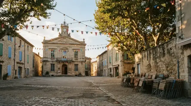 Guirlandes et fanions au-dessus d'une place de village avant la fête