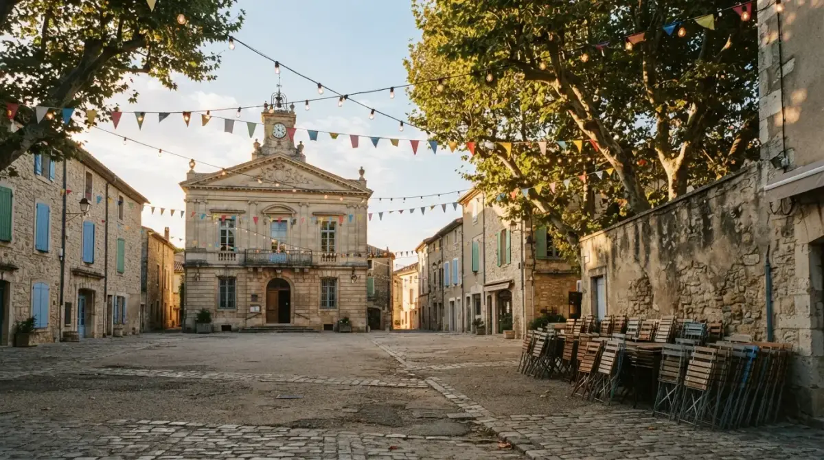 Guirlandes et fanions au-dessus d'une place de village avant la fête
