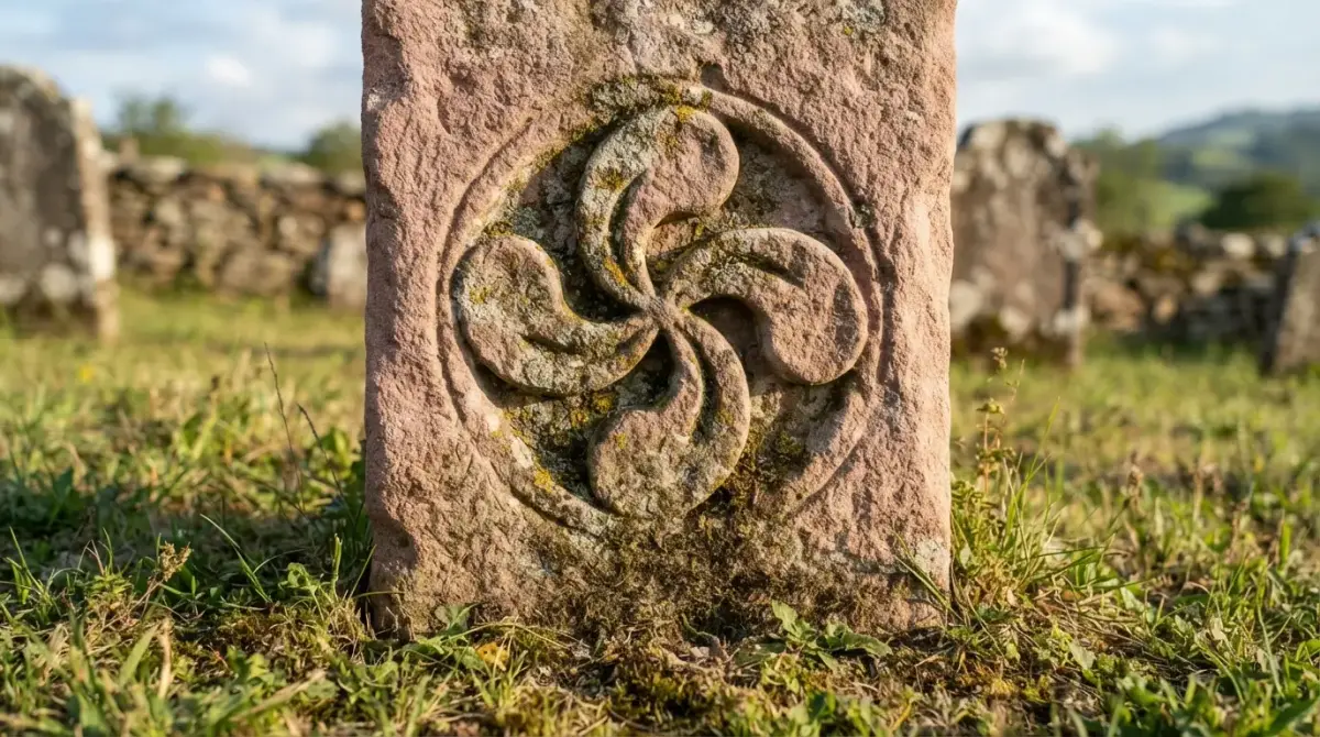 Lauburu sculpté dans une stèle de grès rose, envahi de lichen