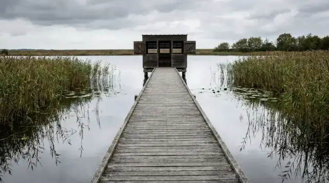 Platelage de bois traversant les roseaux jusqu'à une cabane d'observation sur le marais