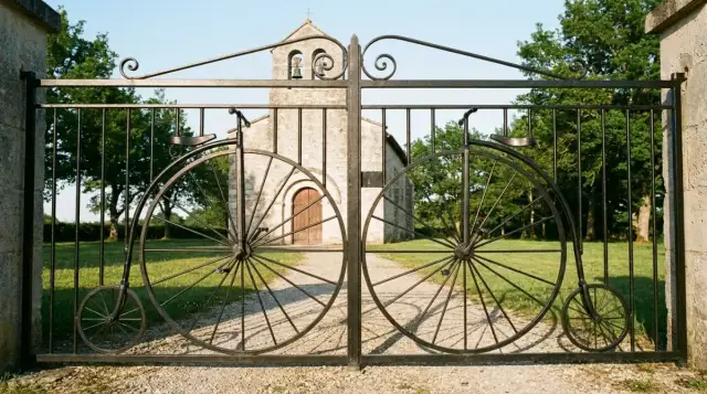 Portail de fer forgé aux deux grands-bis devant une chapelle romane à clocher-mur