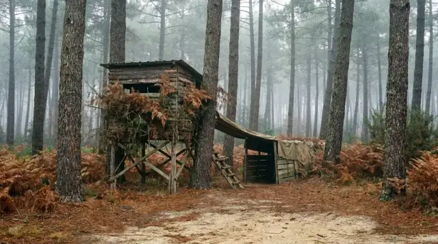 Cabane de guet sur pilotis camouflée de fougères entre les pins, dans la brume