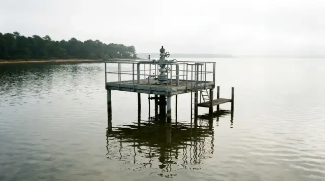 Plateforme de tête de puits sur pilotis au milieu du lac, rive de pins au fond