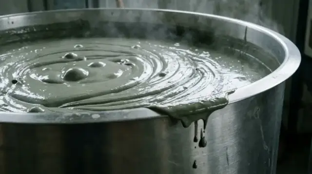Boue thermale gris-vert brassée en spirale dans une cuve inox, coulure sur le bord