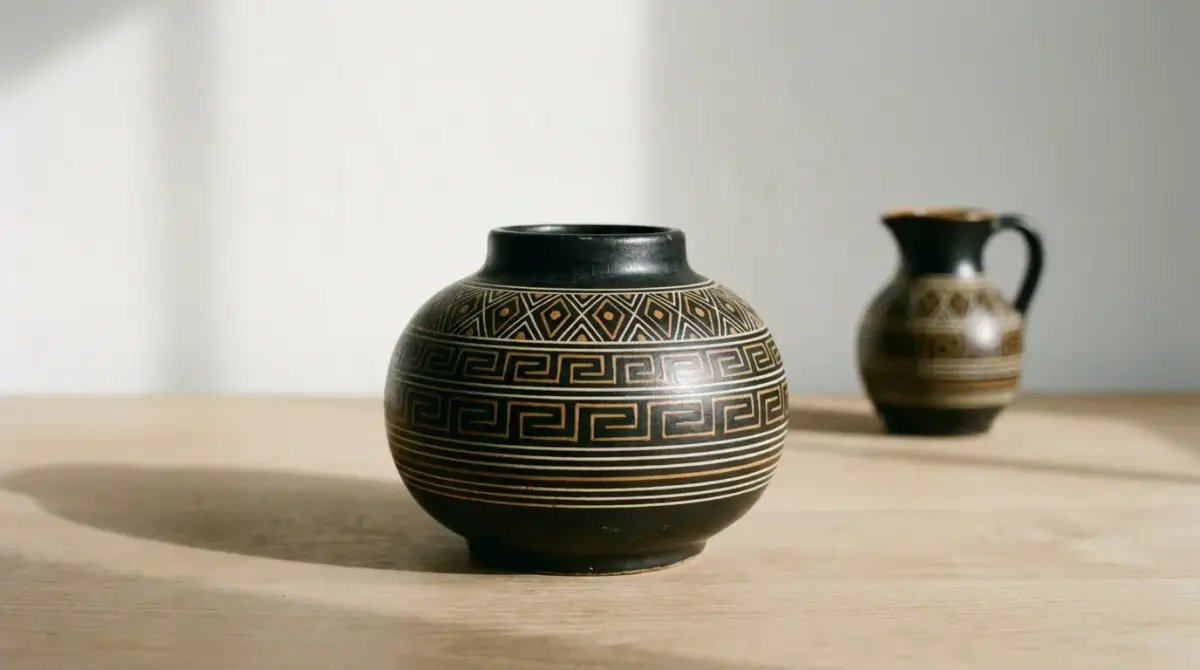 Vase de grès à fond noir et frises géométriques ocre, avec un pichet assorti en retrait