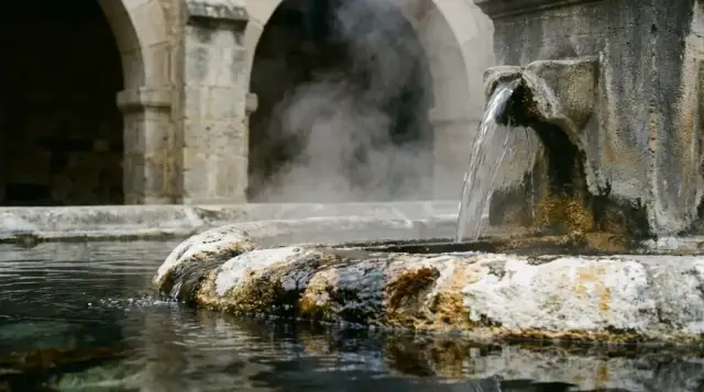 Eau thermale fumante coulant d'un bec de pierre dans un bassin entartré sous des arcades