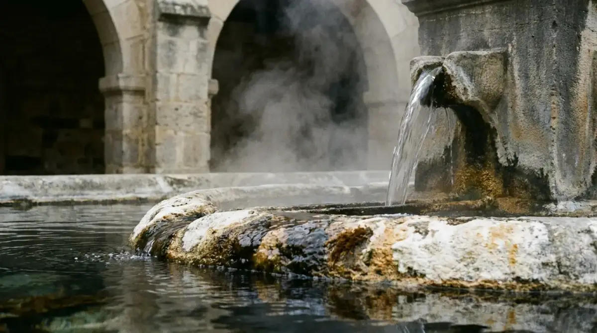 Eau thermale fumante coulant d'un bec de pierre dans un bassin entartré sous des arcades