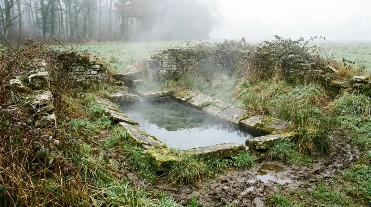 Bassin maçonné fumant au milieu d'une prairie en ruine, brume du matin sur la chênaie